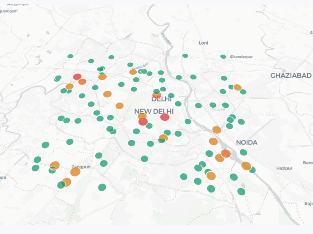 Map of Delhi NCT with ration counters plotted and coloured by risk level